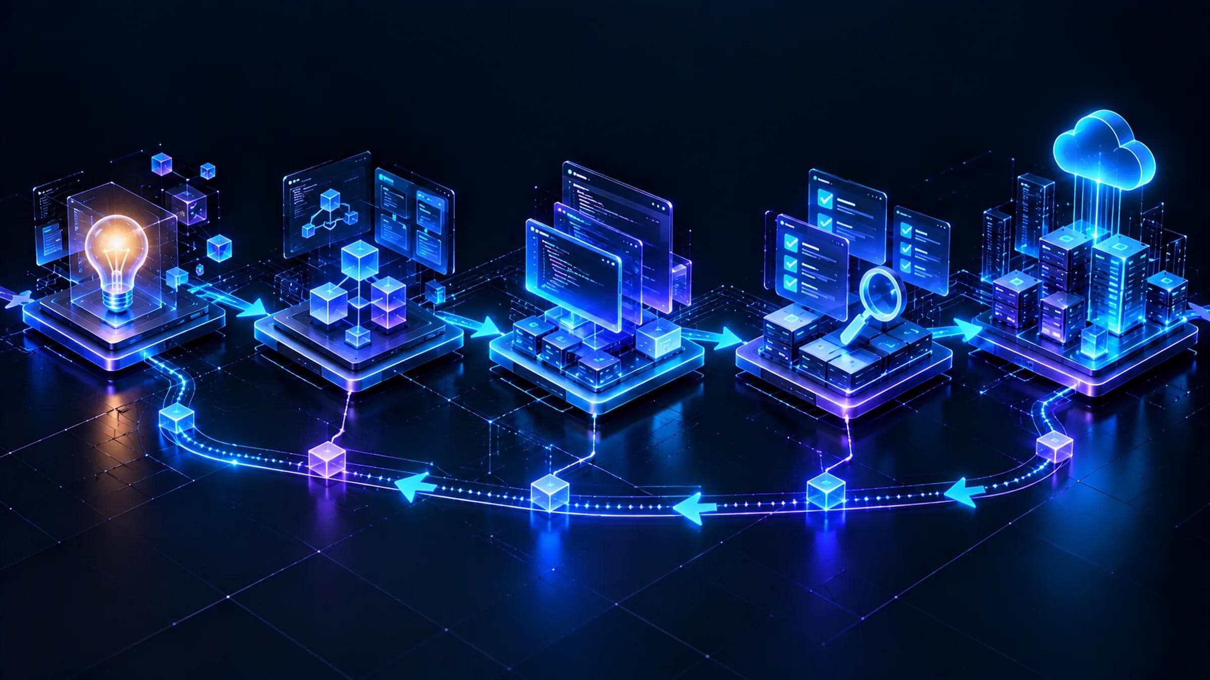 Five-stage product engineering pipeline from concept through architecture, build, verification and production, with a feedback loop.